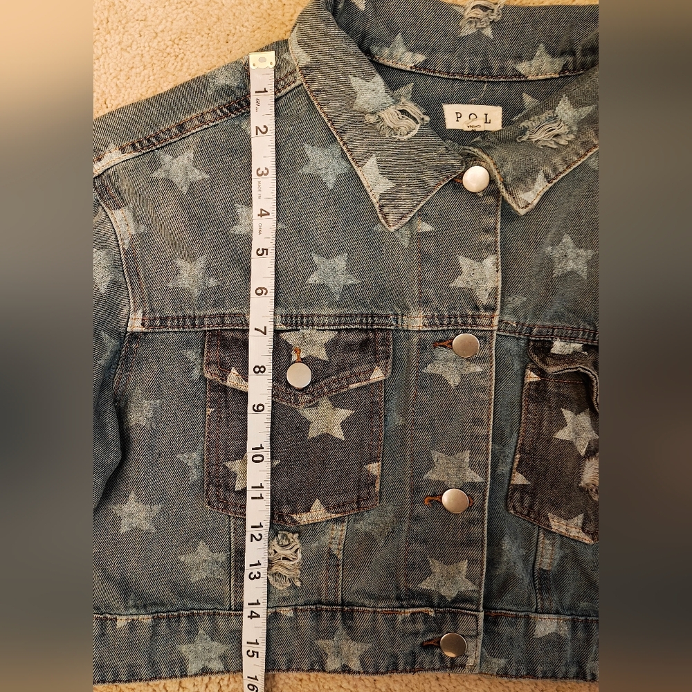 POL Stars Denim Button Distressed Crop Denim Jacket. - Picture 11 of 13